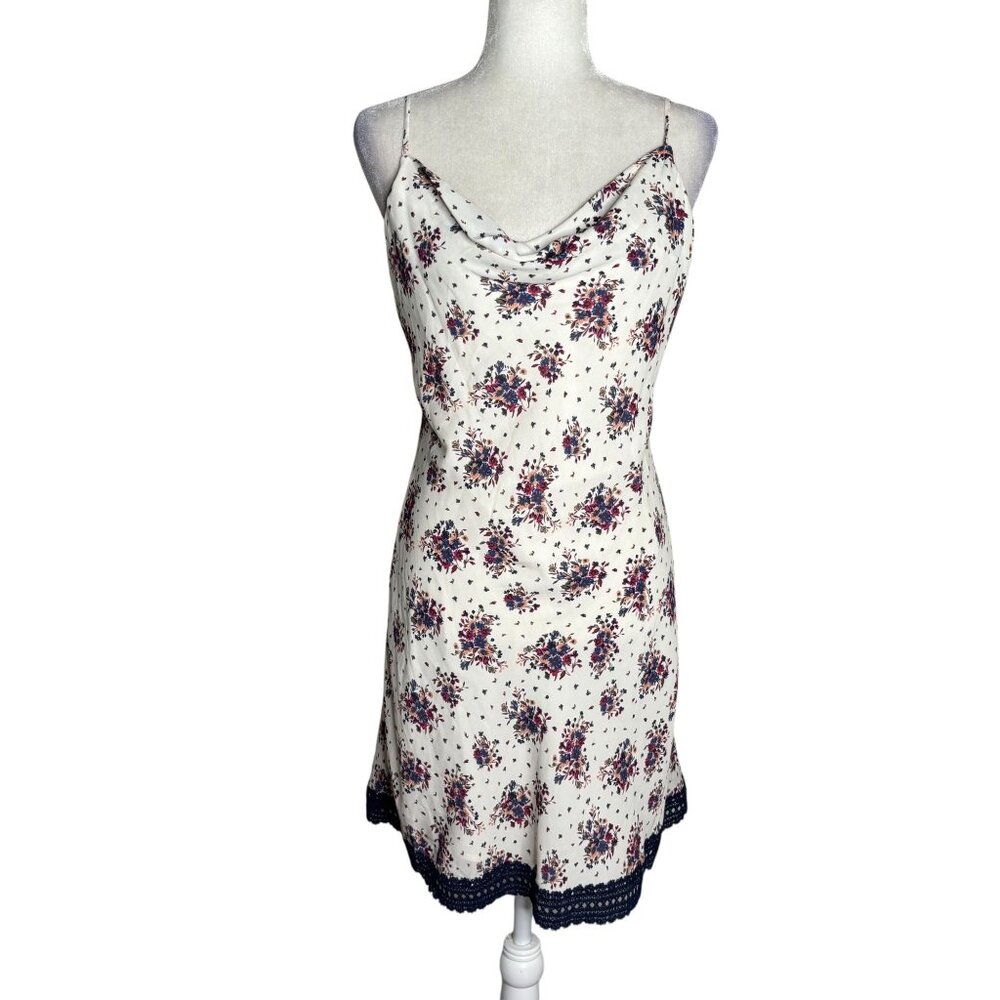 Skies Are Blue Floral Slip Dress Medium White Navy Lace Hem Adjustable Straps